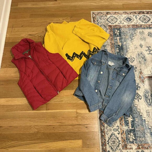 Charlie Brown hoodie, red vest, jean jacket. - Picture 1 of 7